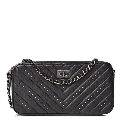 Chanel Sheepskin Chevron Quilted Studded Reissue Small Clutch With Chain Black 1 of 13