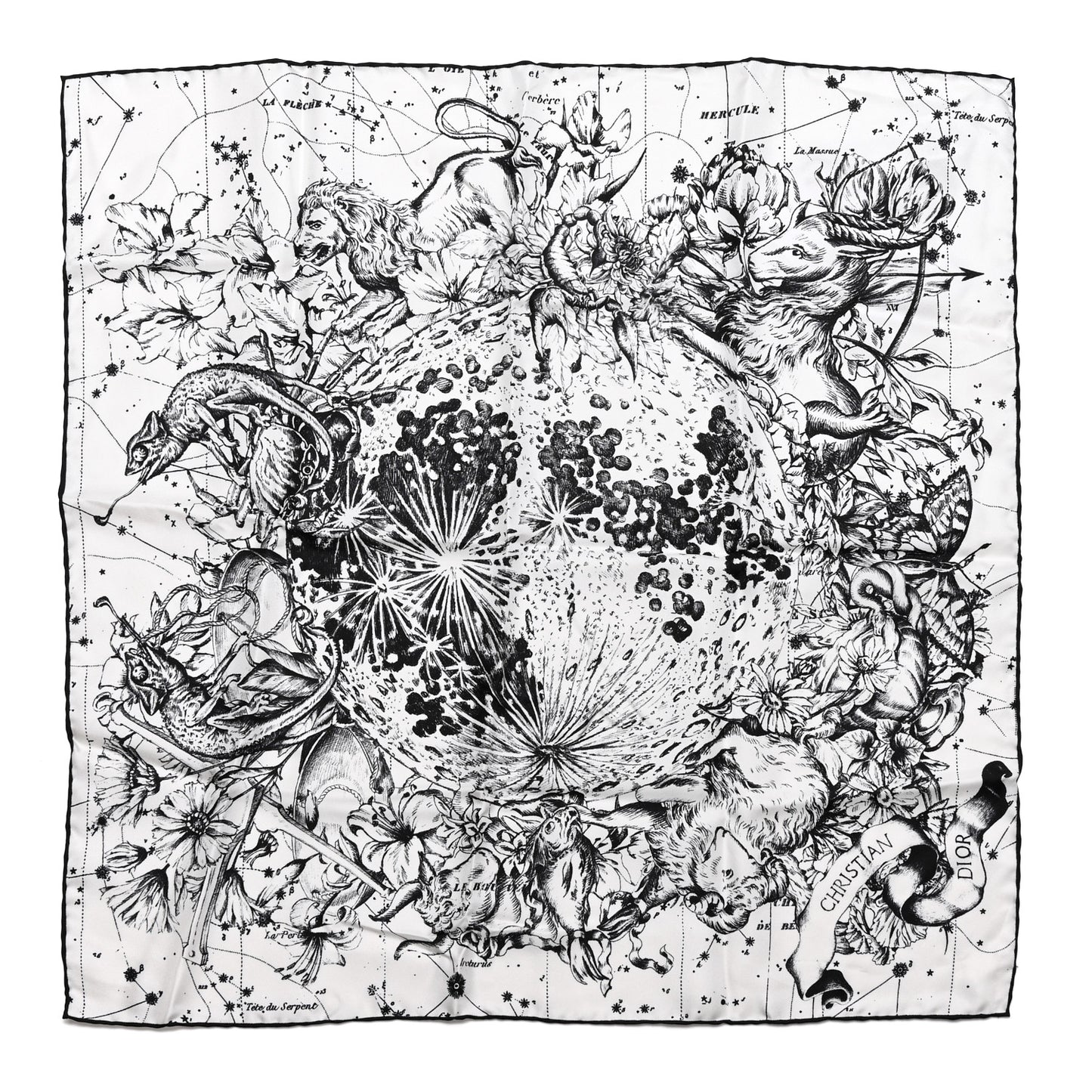 Silk Zodiac Print Square Scarf 55 Black White