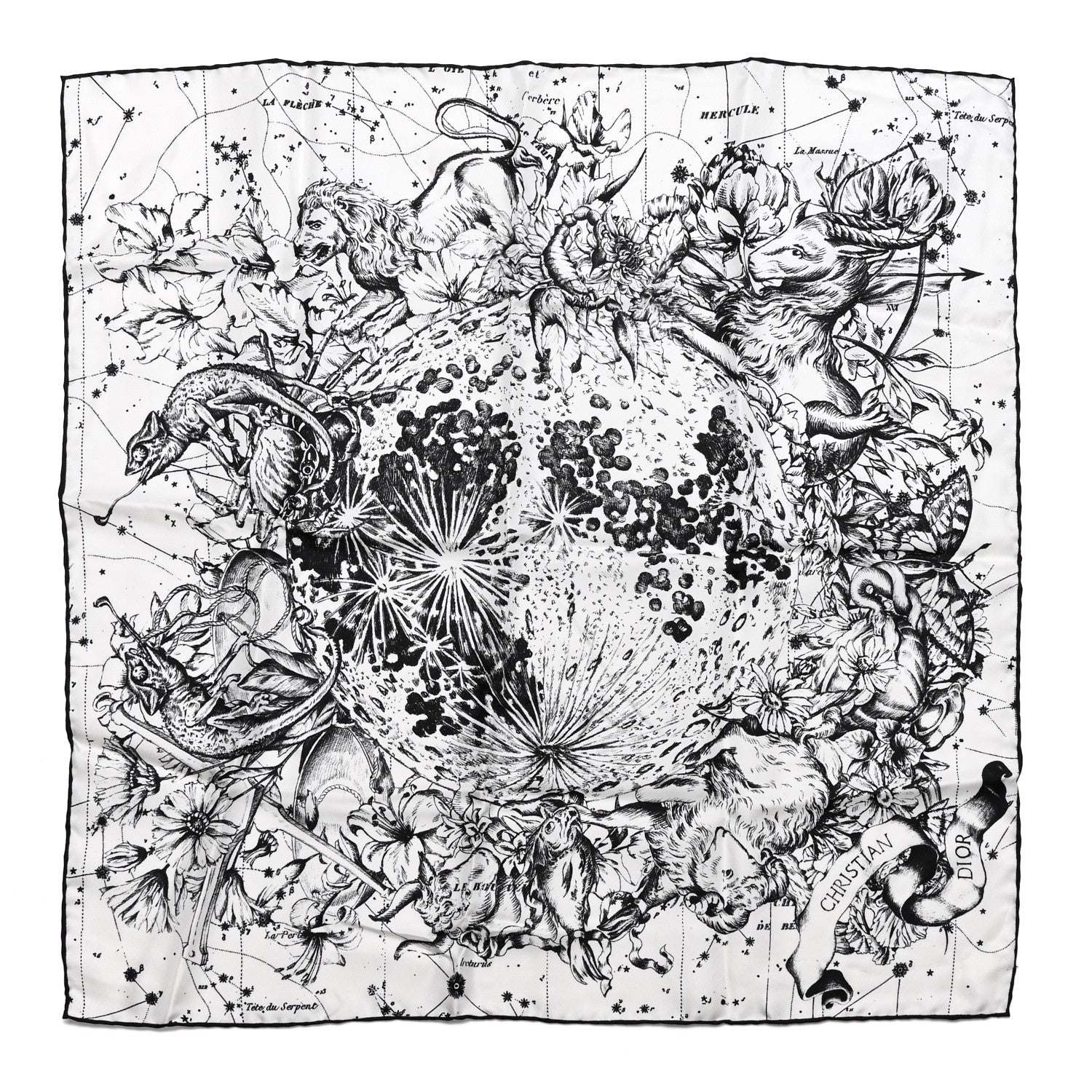 Christian Dior Silk Zodiac Print Square Scarf 55 Black White 1 of 3