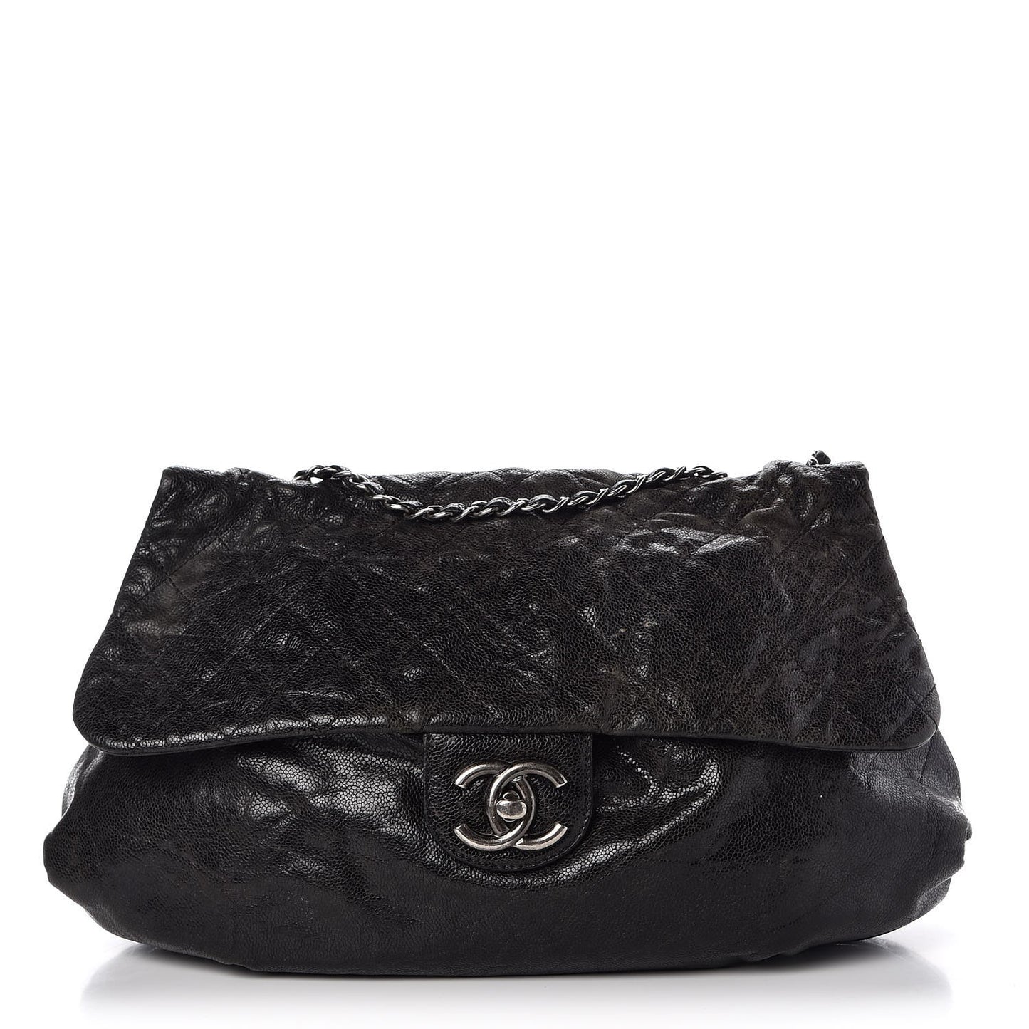 Crumpled Caviar Quilted Maxi Elastic Flap Black