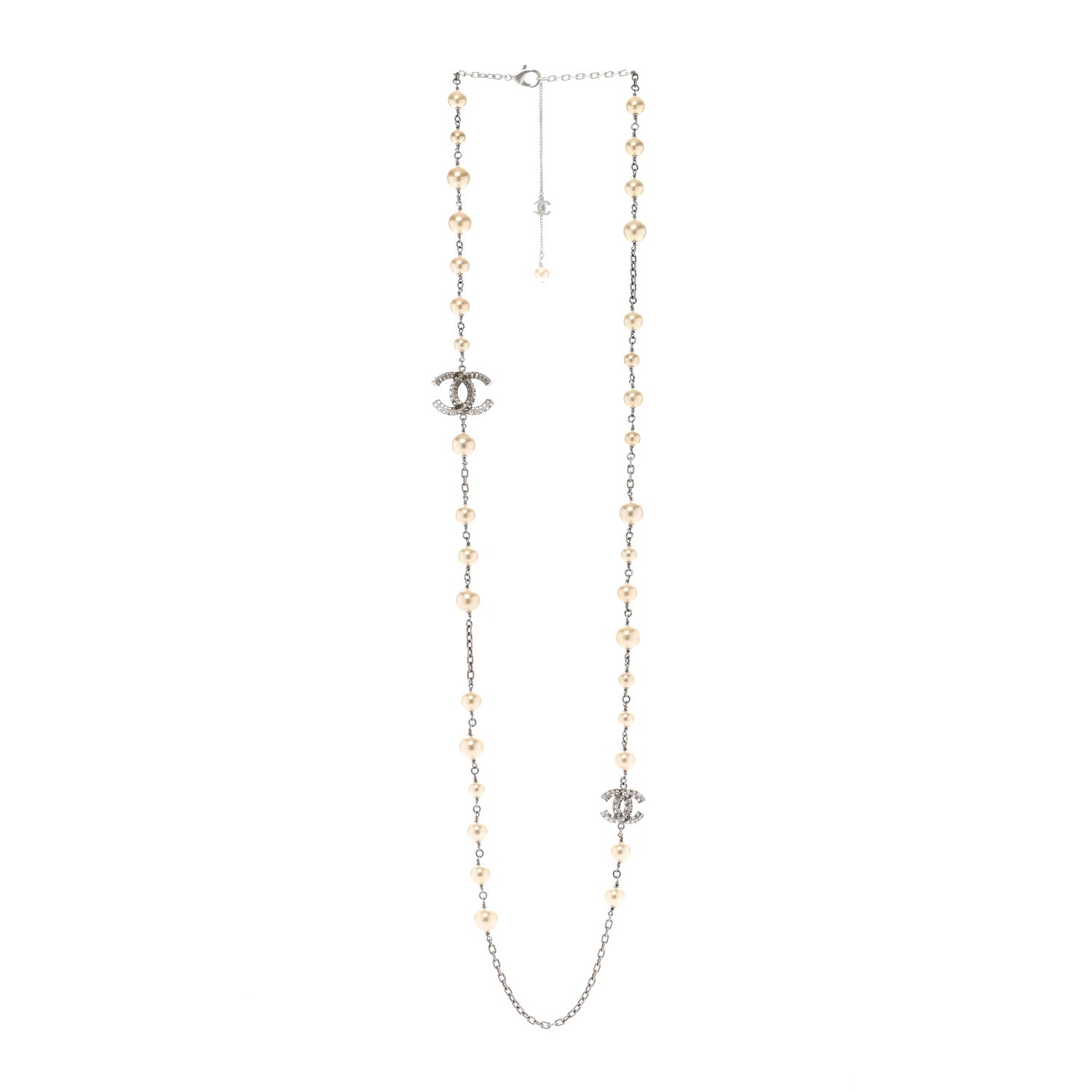 Chanel Pearl Baguette Crystal CC Long Necklace Silver 3 of 7