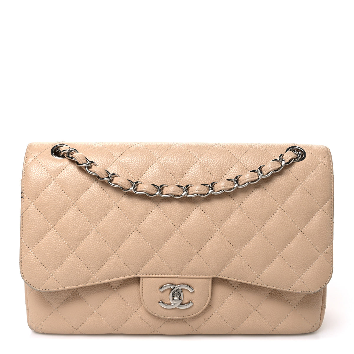 Caviar Quilted Jumbo Double Flap Light Beige