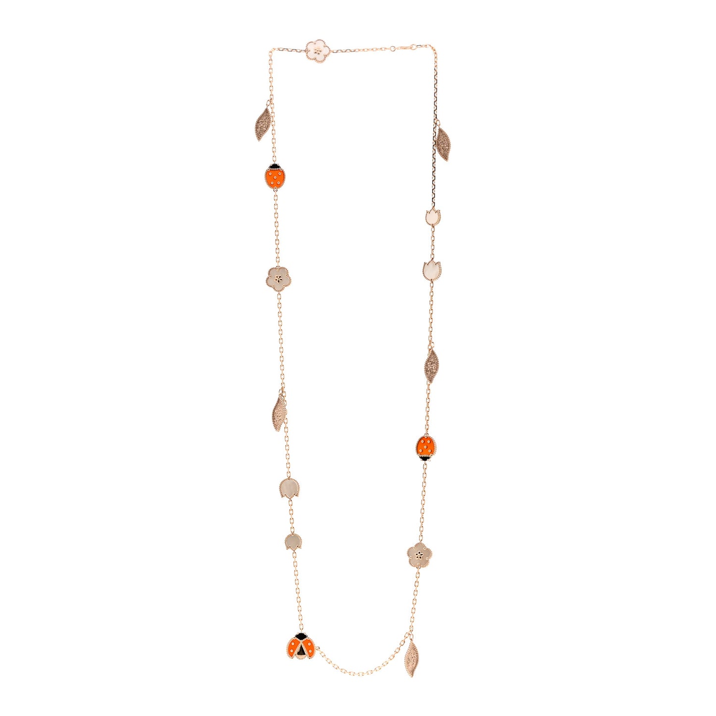 18K Rose Gold Mother of Pearl Carnelian Onyx 15 Motifs Lucky Spring Long Necklace
