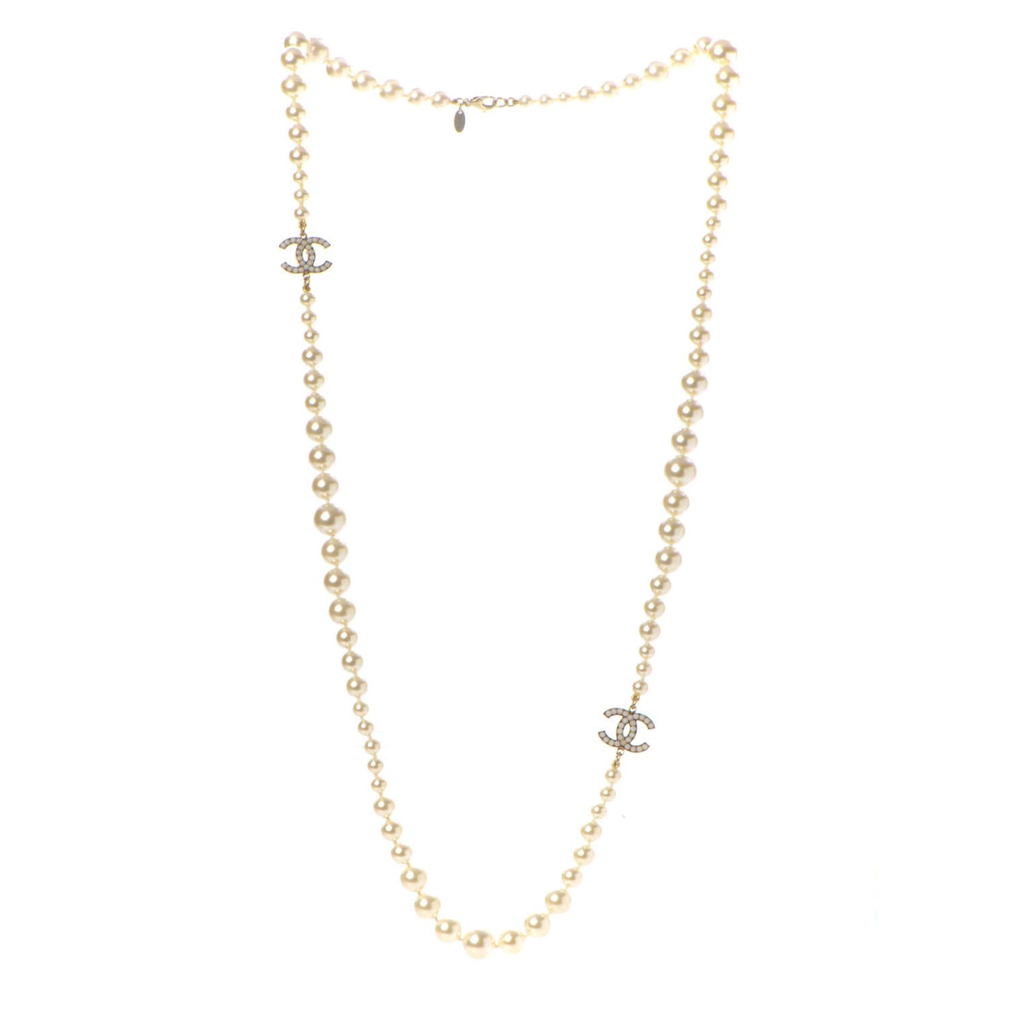 Graduated Pearl Long CC Necklace Gold