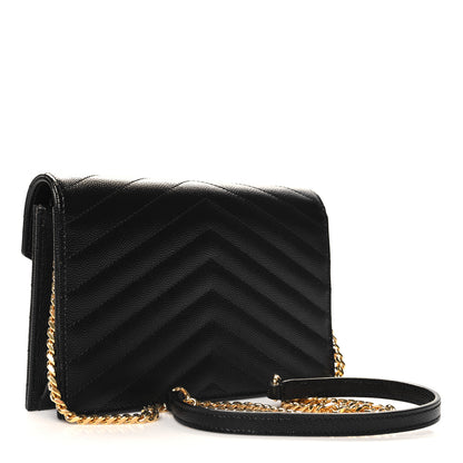 Saint Laurent Grain De Poudre Matelasse Chevron Monogram Envelope Chain Wallet Black 3 of 10