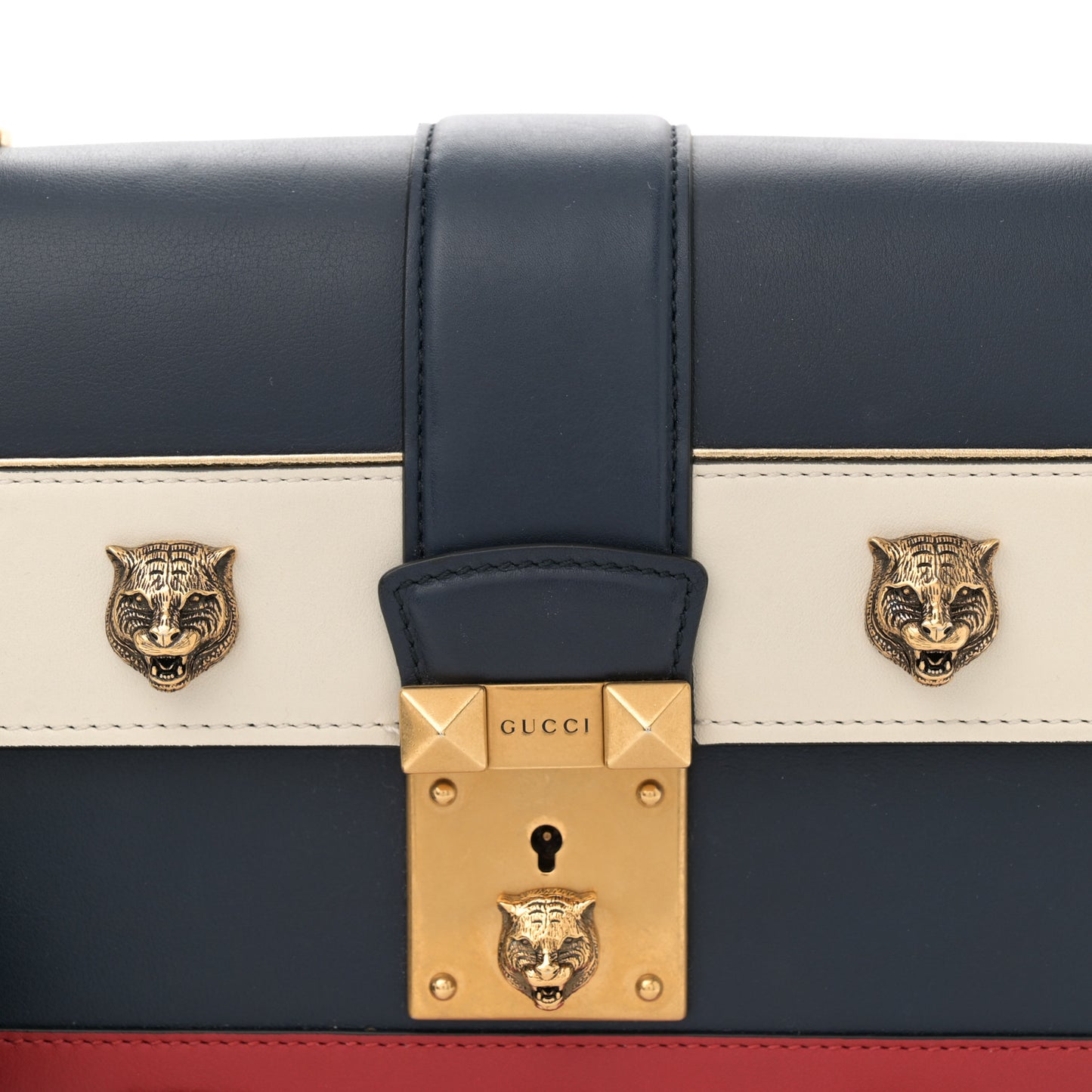 Calfskin Medium Cat Lock Top Handle Bag Navy Red White