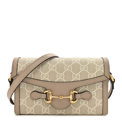 Gucci GG Supreme Monogram Textured Dollar Calfskin Mini Horsebit 1955 Shoulder Bag Beige Mystic White Oatmeal 1 of 16