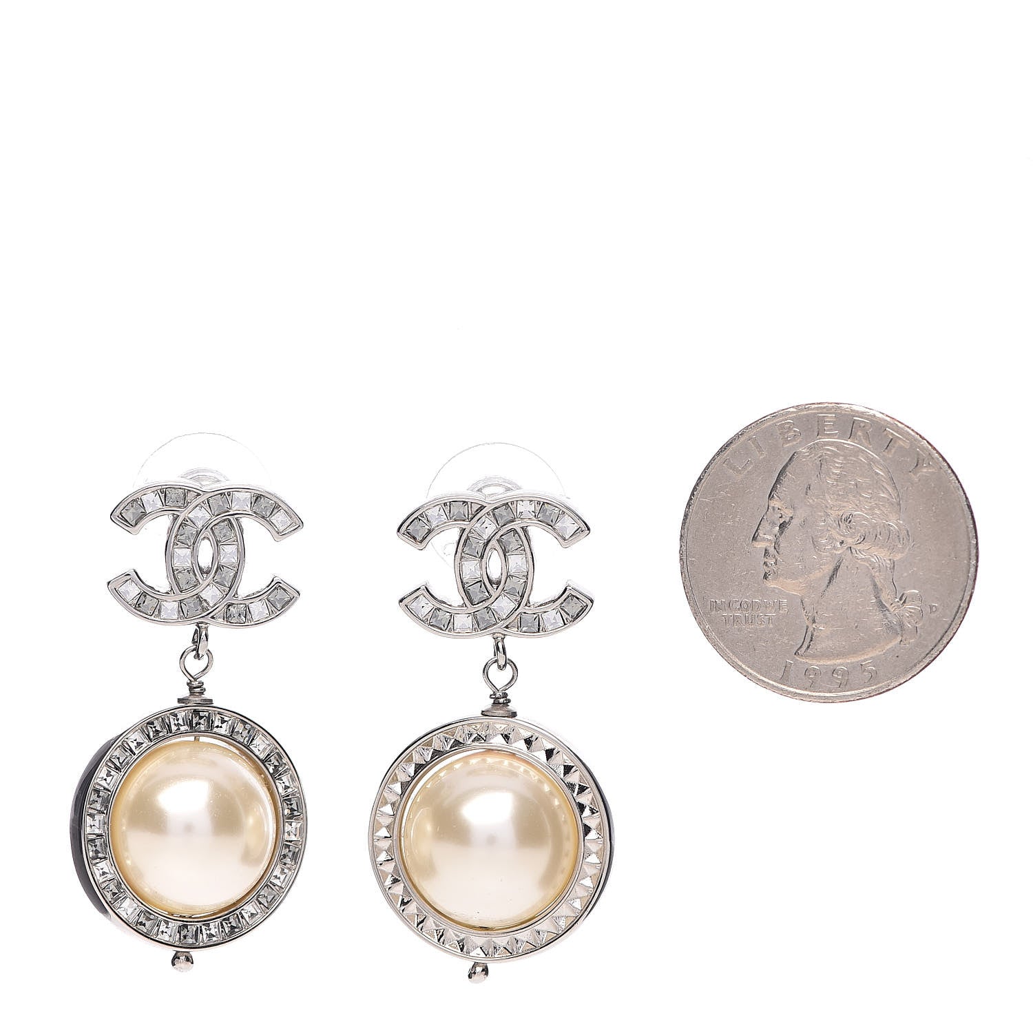 Chanel Baguette Crystal CC Pearl Drop Art Decoco Earrings Silver 2 of 4
