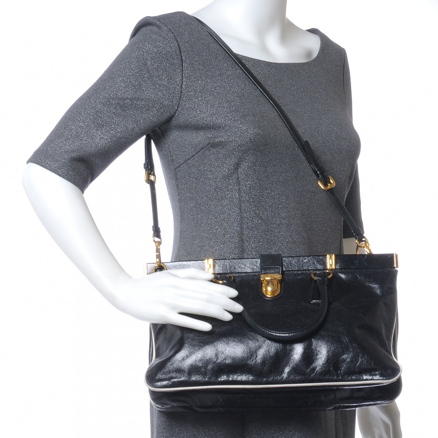 Prada Vitello Shine Borsa Cerniera Black Talco 2 of 11