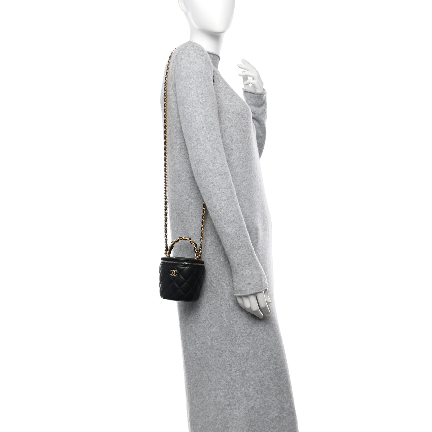 Lambskin Quilted Afternoon Tea Top Handle Vanity Case With Chain Black