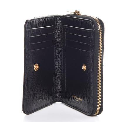 Saint Laurent Grain De Poudre Matelasse Chevron Monogram Compact Zip Around Wallet Black 5 of 9