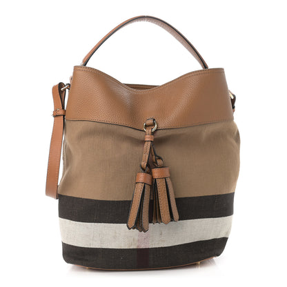 Burberry Grainy Calfskin Canvas Mega Check Medium Ashby Tassel Hobo Saddle Brown 1 of 16