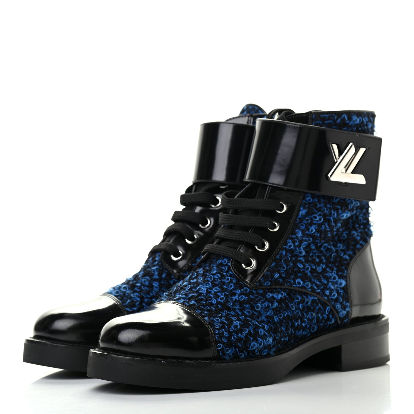 Tweed Calfskin Wonderland Ranger Boots 36.5 Blue Black