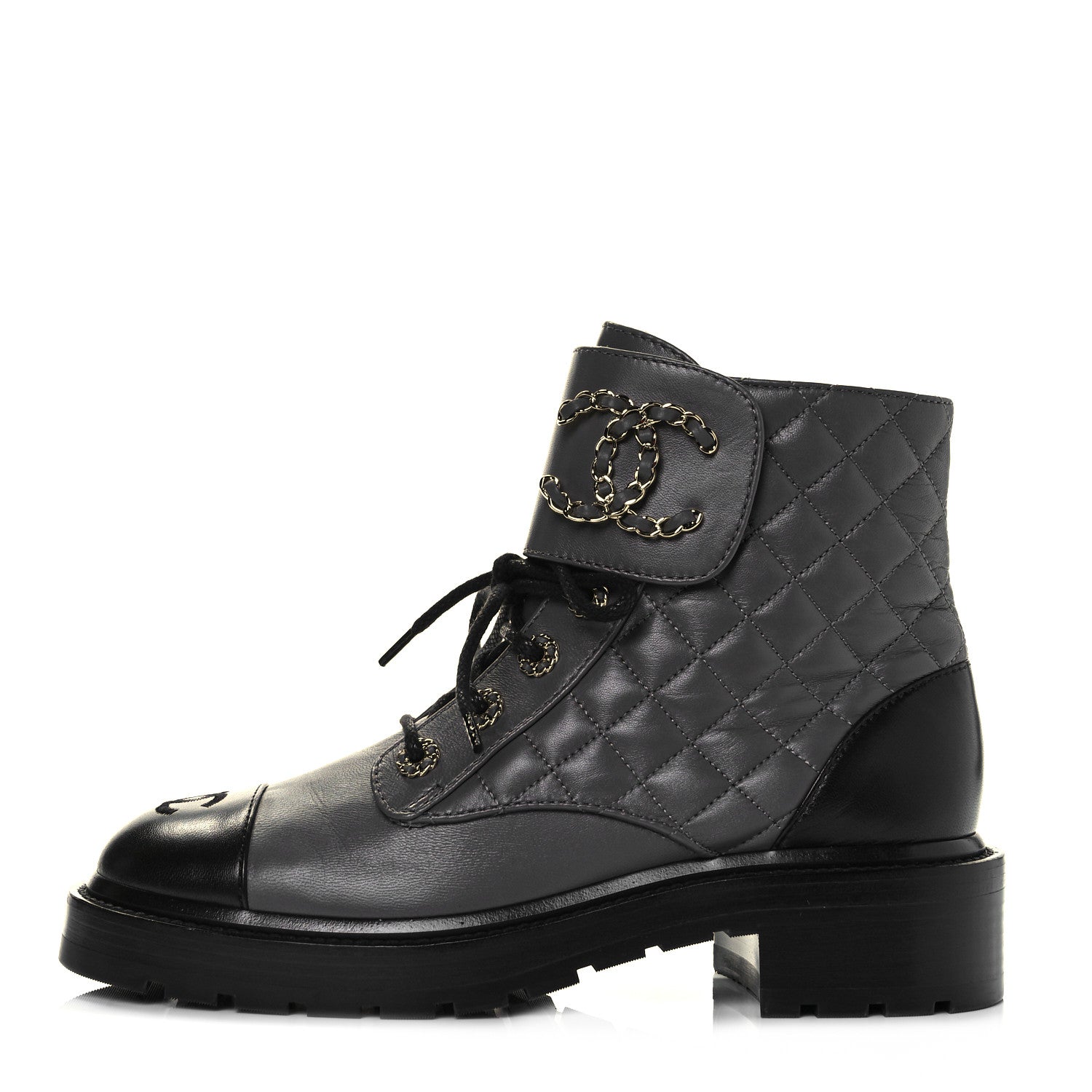 Chanel Shiny Lambskin Quilted Lace Up Combat Boots 38.5 Grey Black 1 of 8