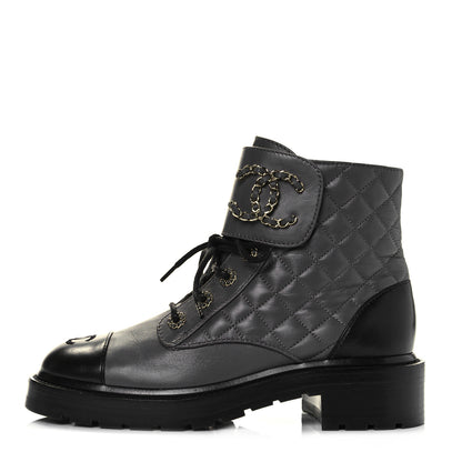 Chanel Shiny Lambskin Quilted Lace Up Combat Boots 38.5 Grey Black 1 of 8