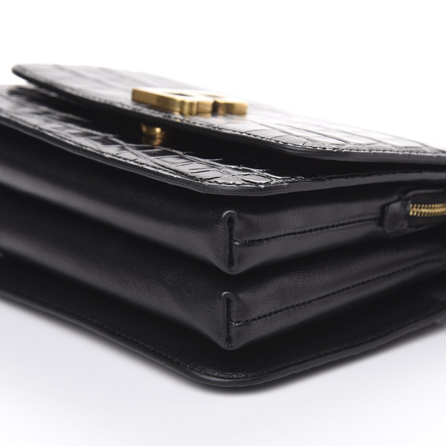 Shiny Calfskin Crocodile Embossed Small B Bag Black