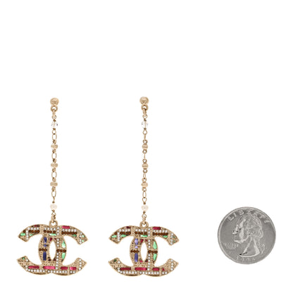 Chanel Pearl Crystal CC Tweed Drop Earrings Gold Brown Green 2 of 5