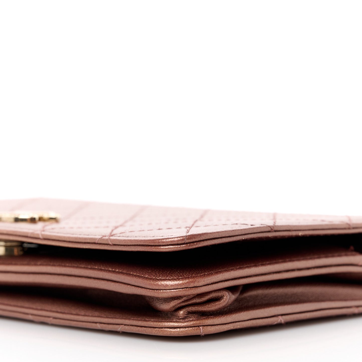 Metallic Lambskin Quilted Enamel CC Wallet On Chain WOC Bronze