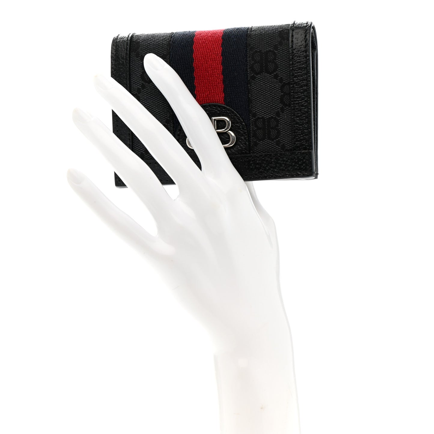X BALENCIAGA BB Monogram Web Ophidia Card Case Wallet Black