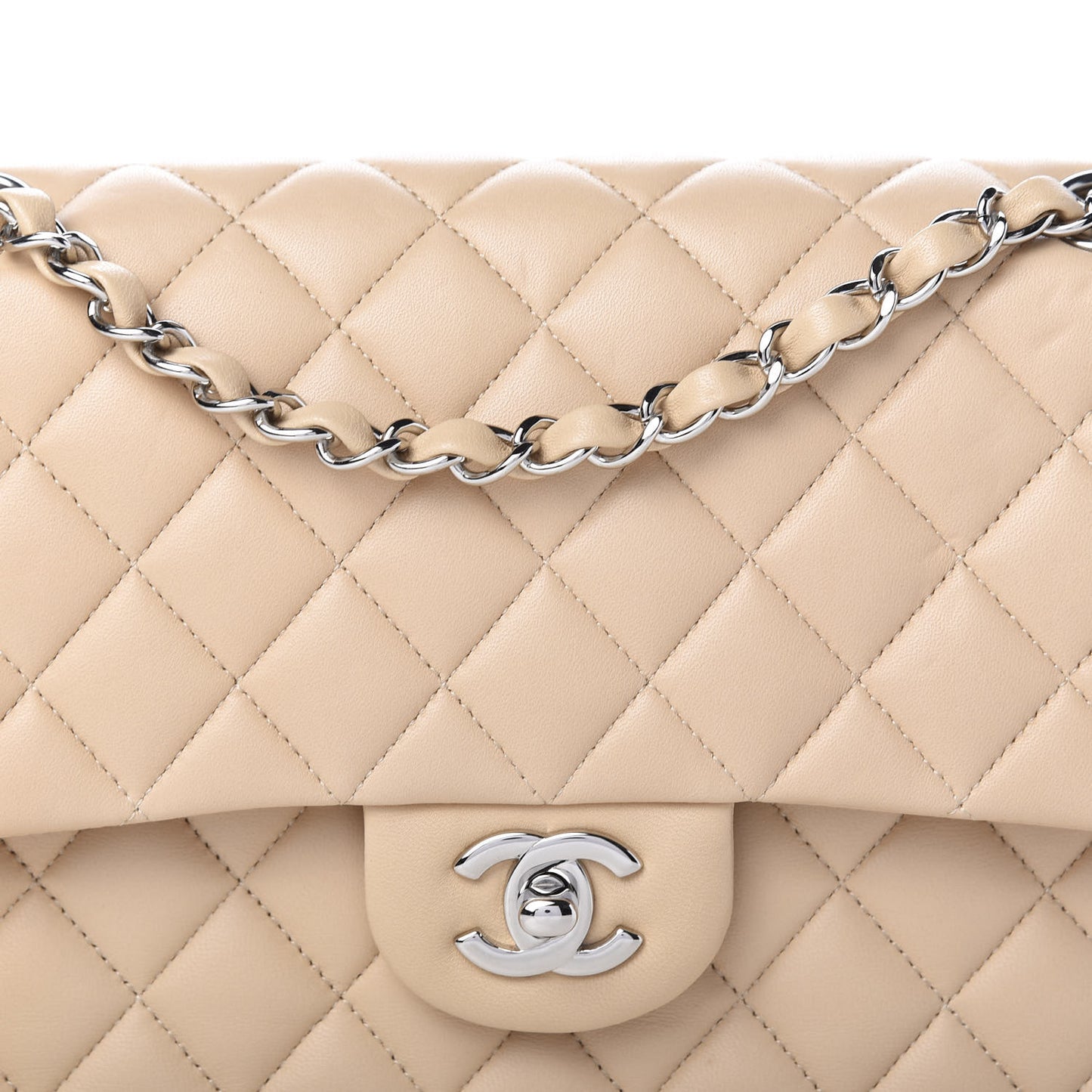 Lambskin Quilted Medium Double Flap Beige