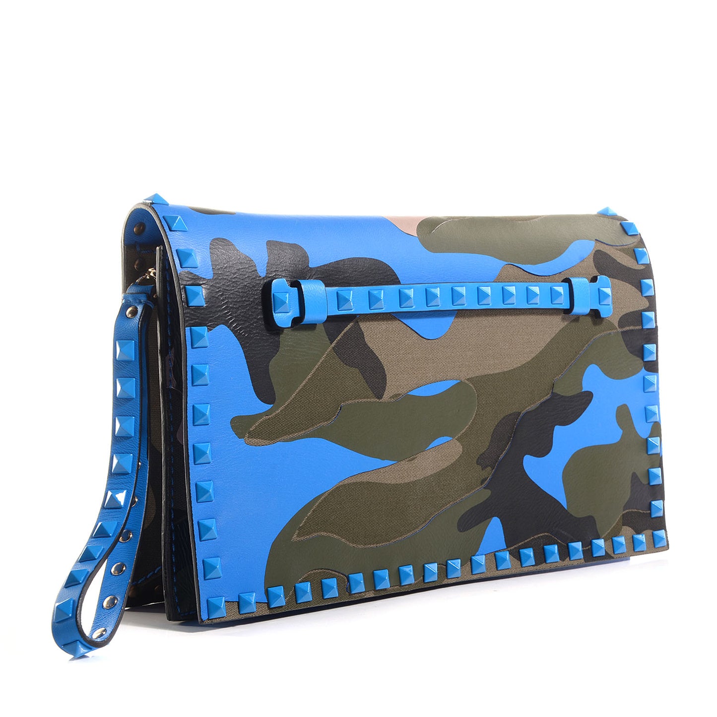 Nappa Canvas Camouflage Rockstud Wristlet Clutch Green Blue Fluo