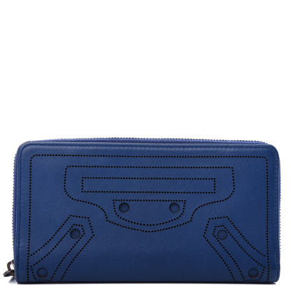 Balenciaga Veau Soyeux Perforated Blackout Hardware Continental Zip Around Wallet Bleu Marine 1 of 8
