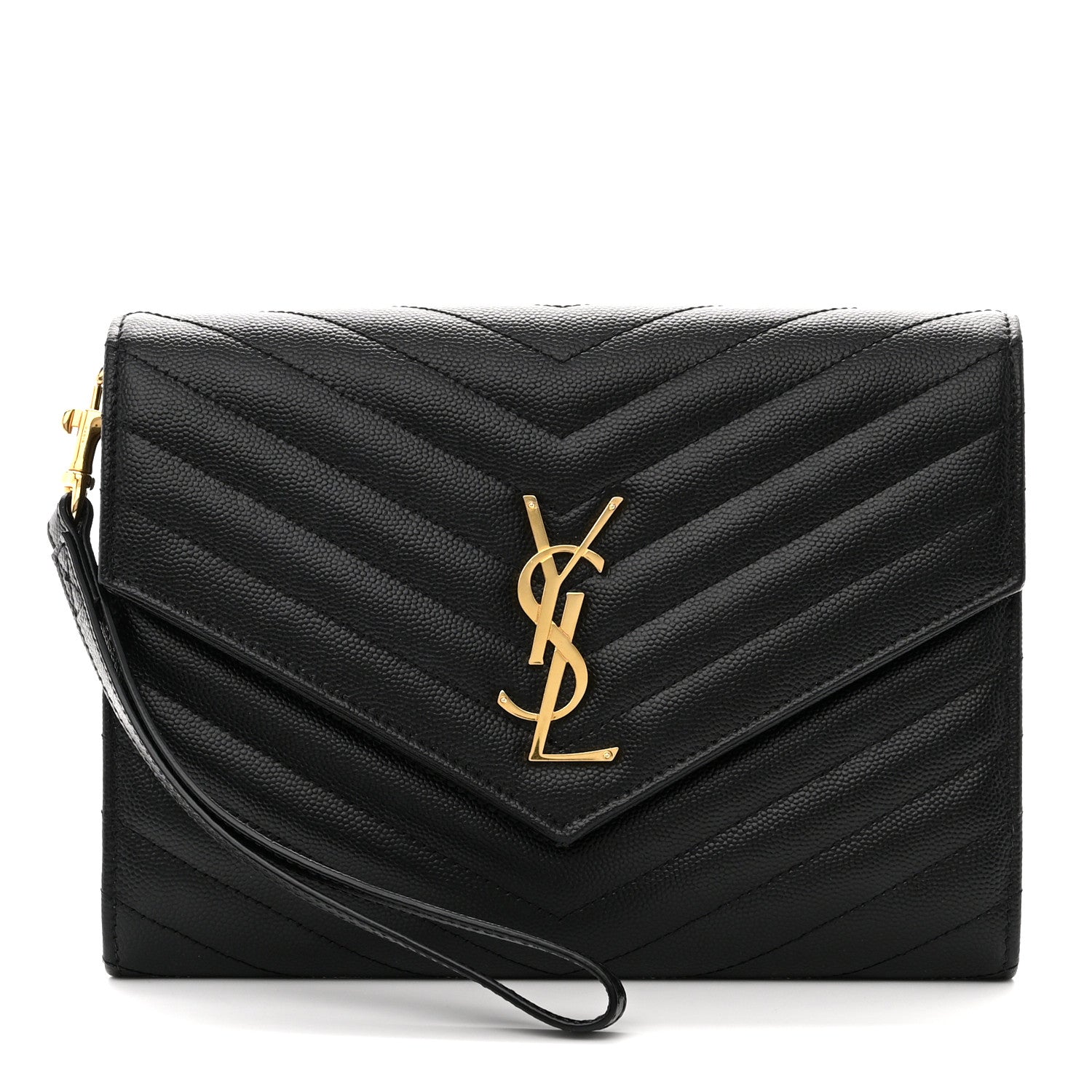 Saint Laurent Grain De Poudre Matelasse Chevron Monogram Envelope Clutch Black 1 of 8