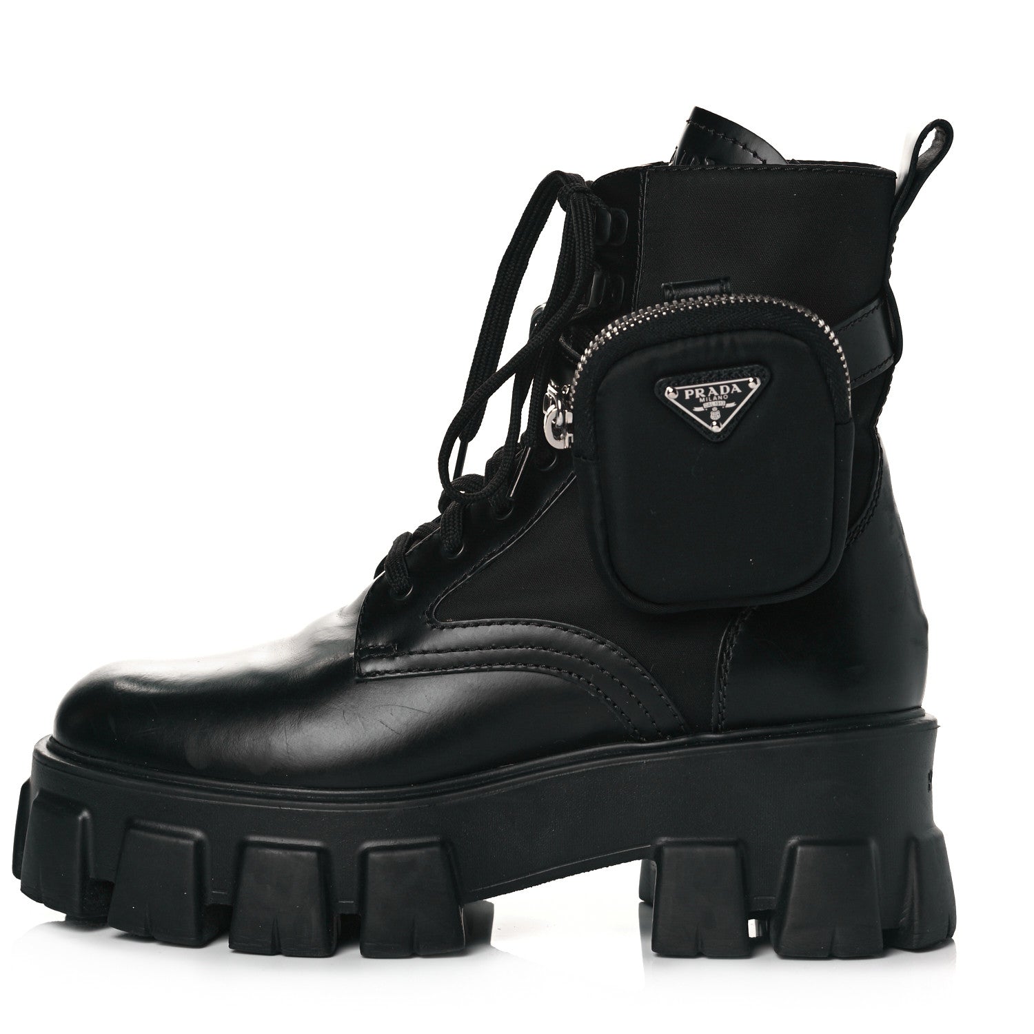 Prada Spazzolato Rois Nylon Metal Triangle Logo Monolith Pouch Pocket 55mm Boots 36.5 Black 1 of 6