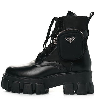 Prada Spazzolato Rois Nylon Metal Triangle Logo Monolith Pouch Pocket 55mm Boots 36.5 Black 1 of 6