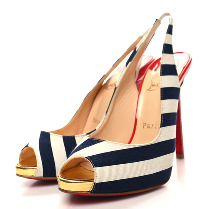 Christian Louboutin Toile Rayee Patent Sling 120 Pumps 36.5 Navy 3 of 8