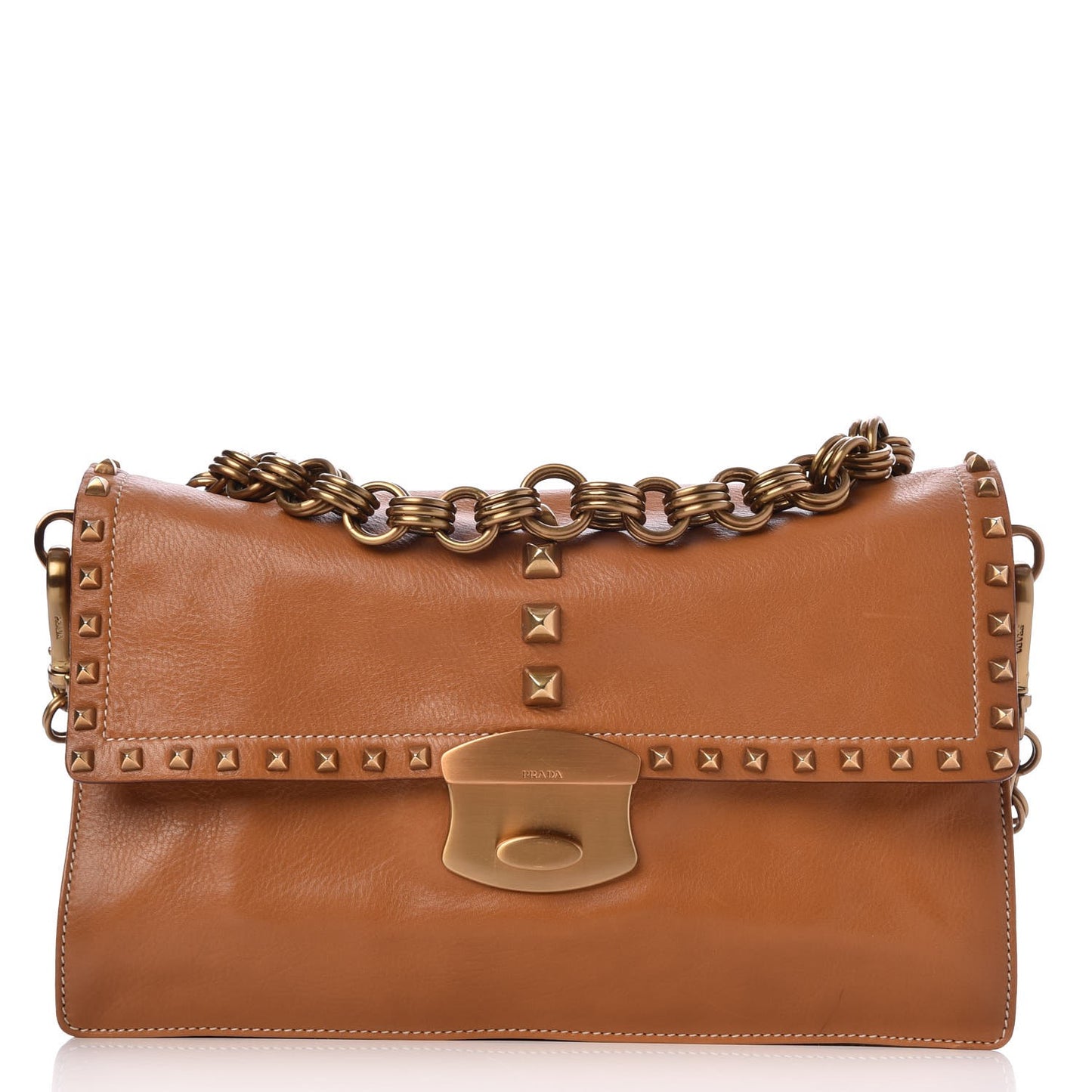 Glace Calfskin Studded Detachable Chain Clutch Tan