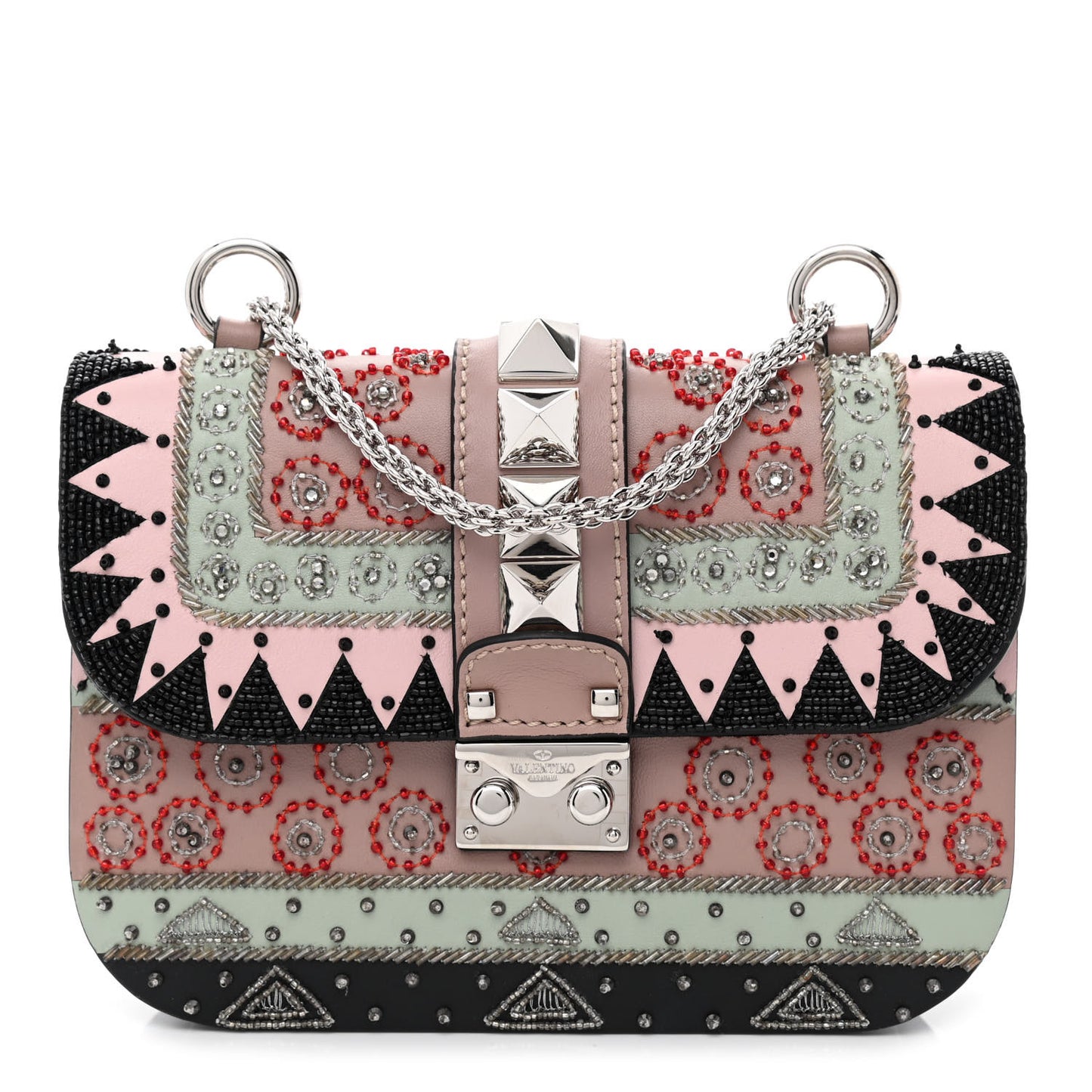 Vitello Beaded Geometric Patch Small Glam Lock Rockstud Flap Multicolor