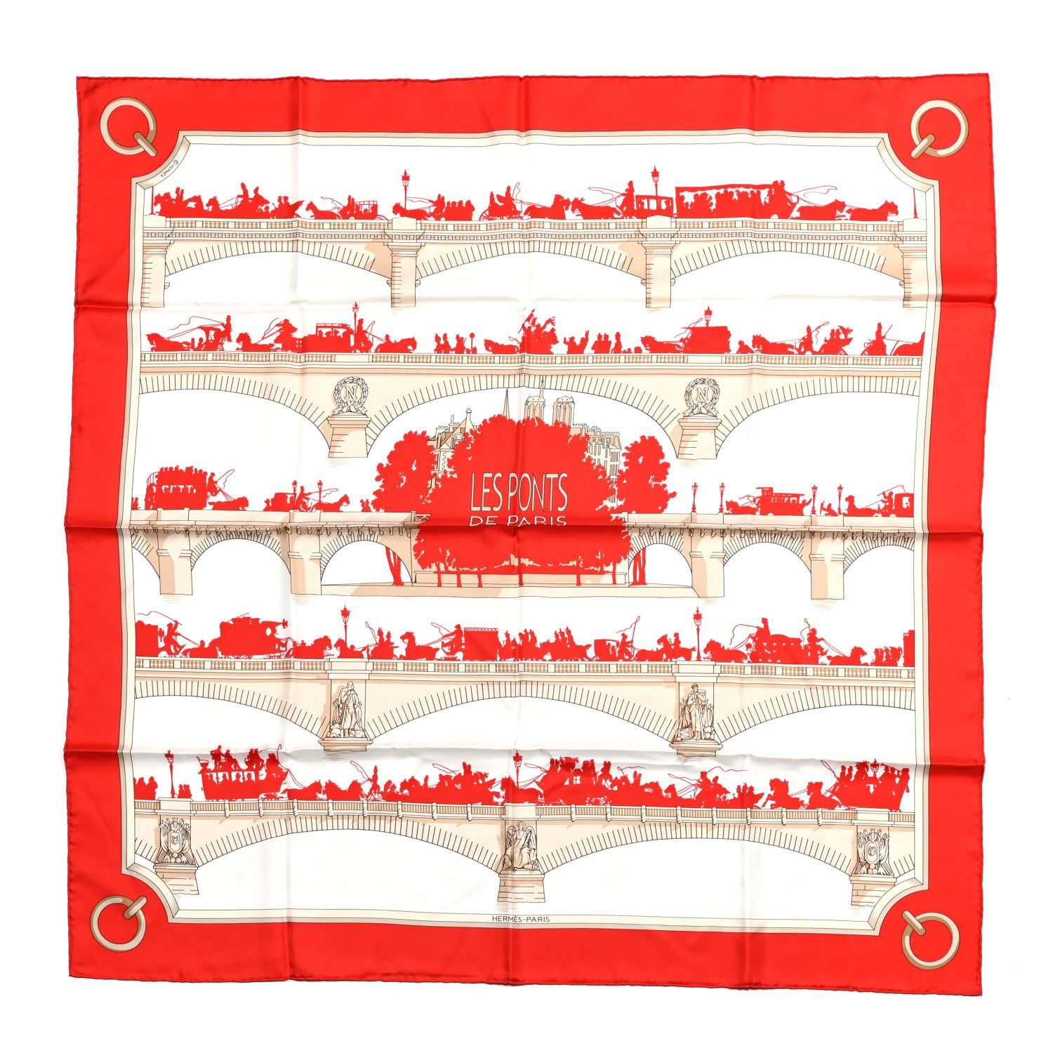 Hermes Silk Les Ponts De Paris Scarf 90 White Rouge 1 of 5