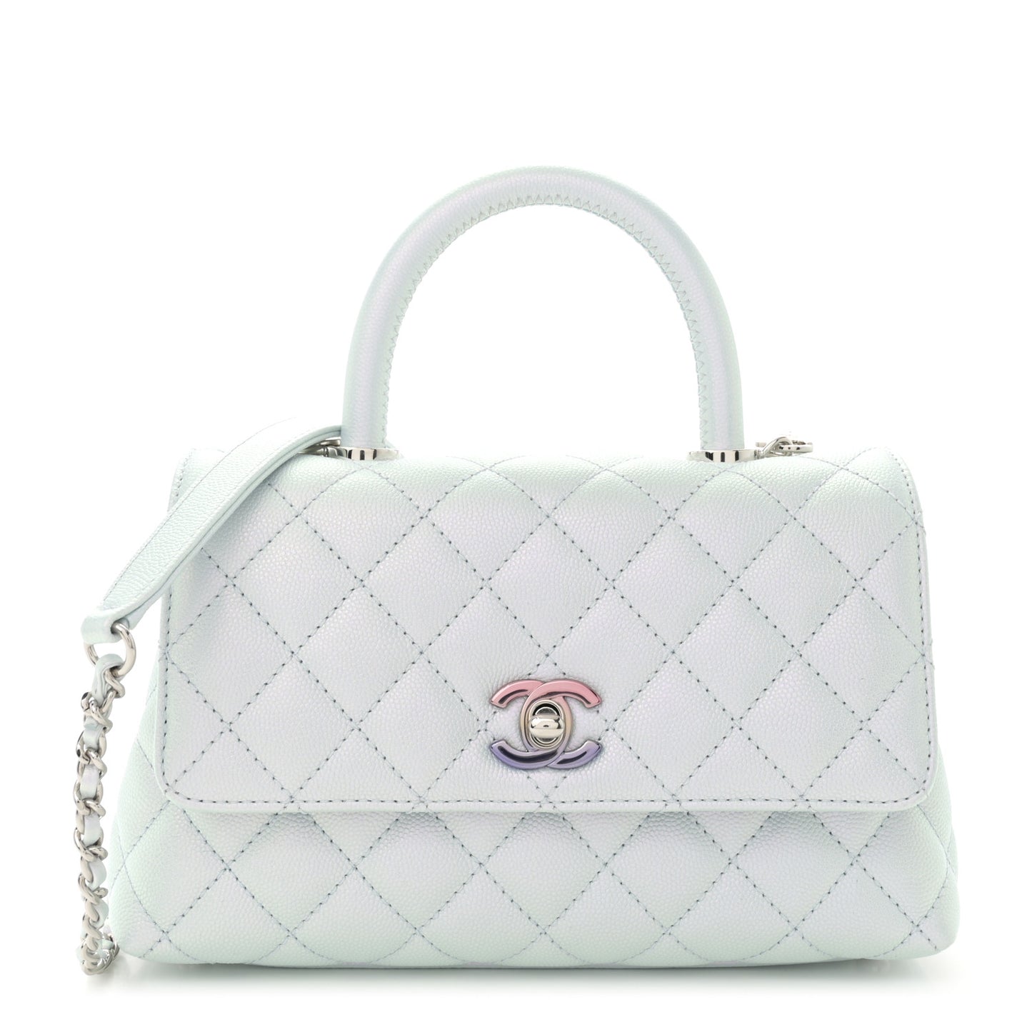 Iridescent Caviar Quilted Mini Coco Handle Flap Light Blue