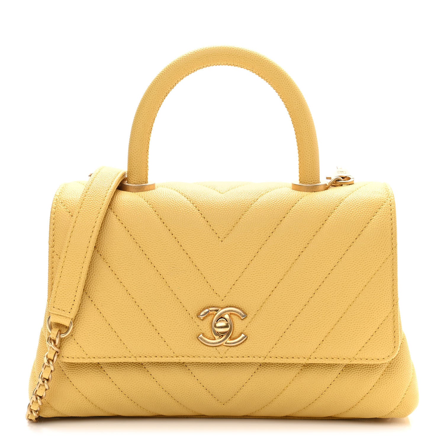 Chanel Caviar Chevron Quilted Mini Coco Handle Flap Yellow 1 of 11