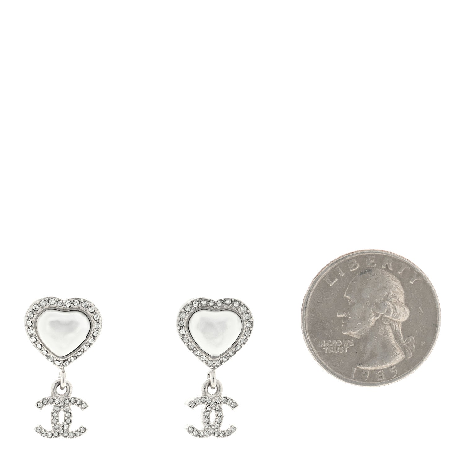 Chanel Pearl Crystal CC Heart Drop Earrings Silver 2 of 4