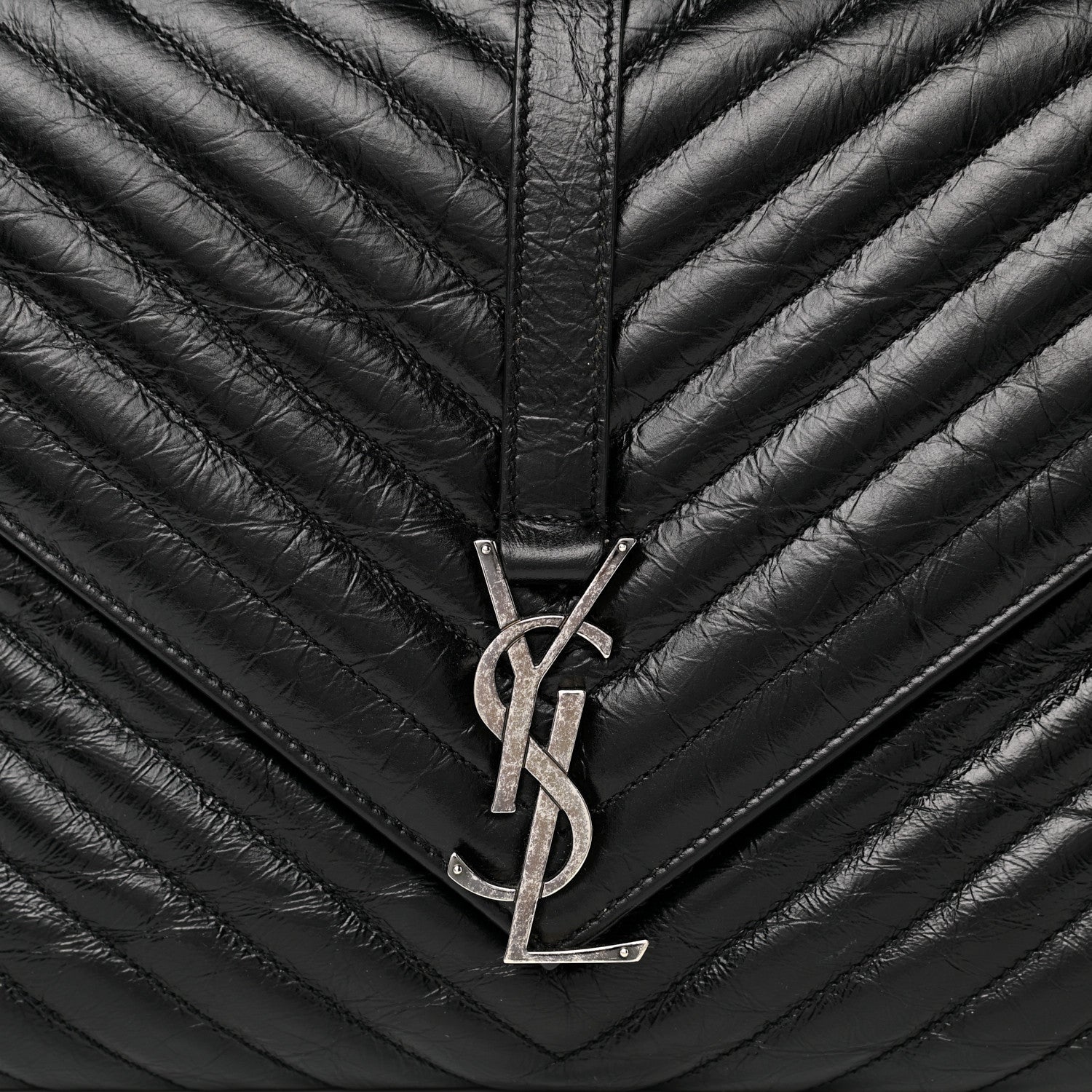 Saint Laurent Cracked Shiny Calfskin Matelasse Chevron Monogram Large College Satchel Black 8 of 10