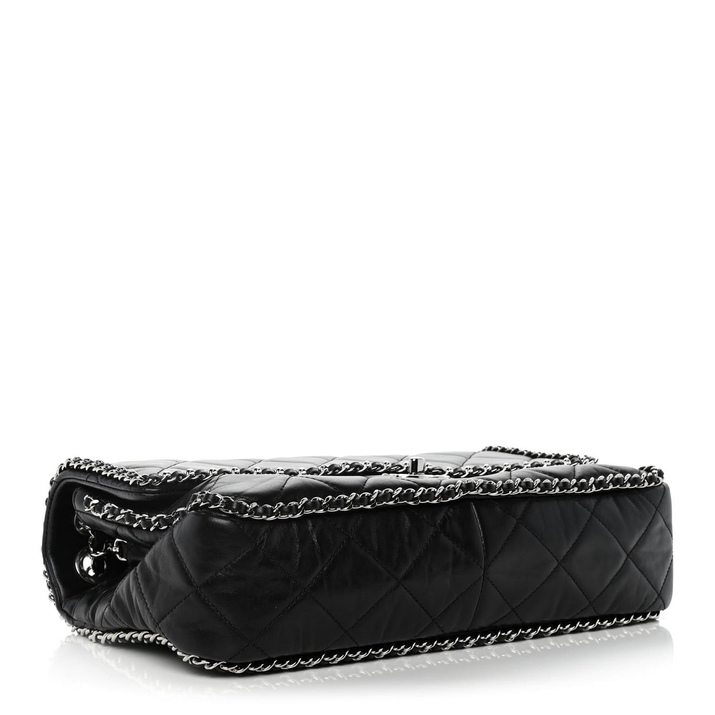 Crumpled Calfskin Quilted Large Chain All Over Flap Bag Black