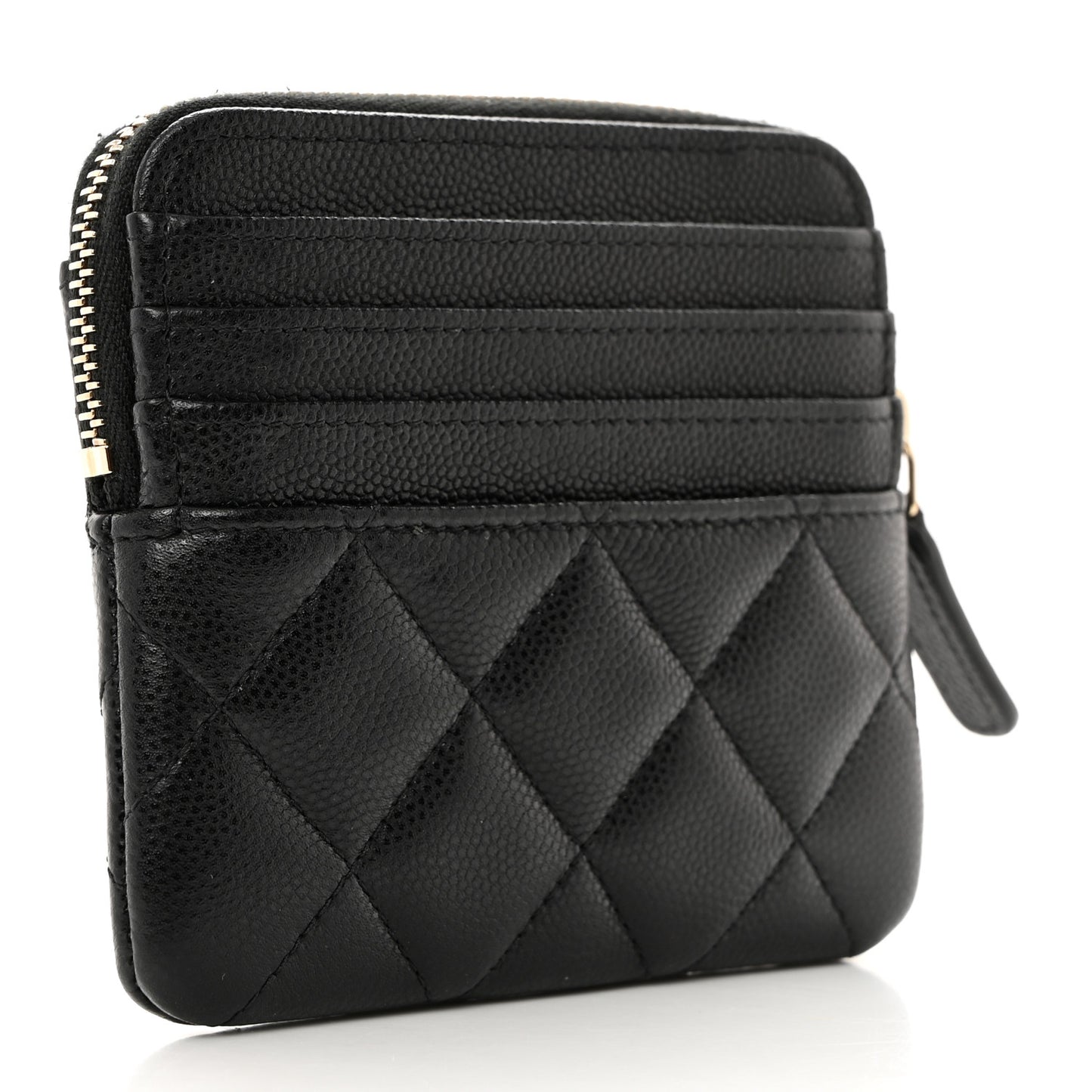 Caviar Quilted Crystal Zip Card Holder Wallet Black
