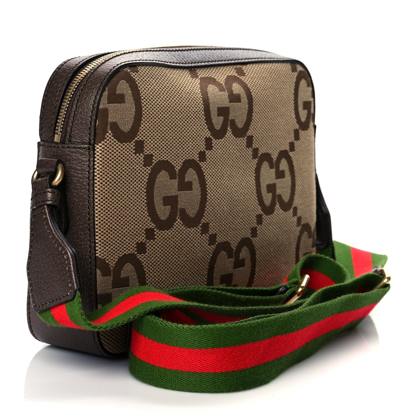 Monogram Jumbo GG Textured Dollar Calfskin Web Messenger Shoulder Bag Camel Ebony New Acero