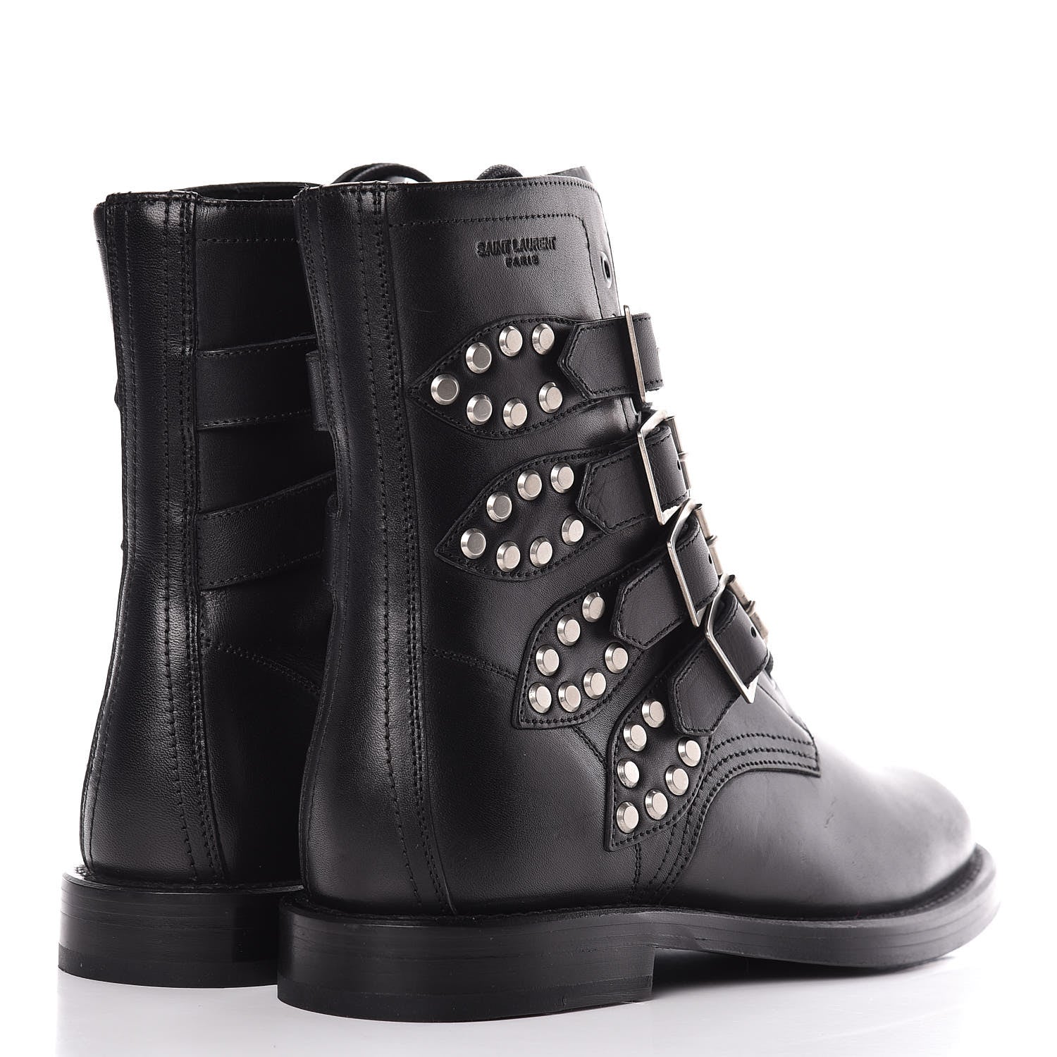 Saint Laurent Smooth Calfskin Studded Strap Rangers Boots 37 Black 4 of 11
