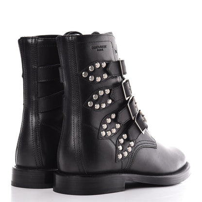 Saint Laurent Smooth Calfskin Studded Strap Rangers Boots 37 Black 4 of 11