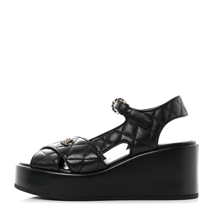 Chanel Lambskin Quilted CC Platform Sandals 37.5 Black 1 of 10