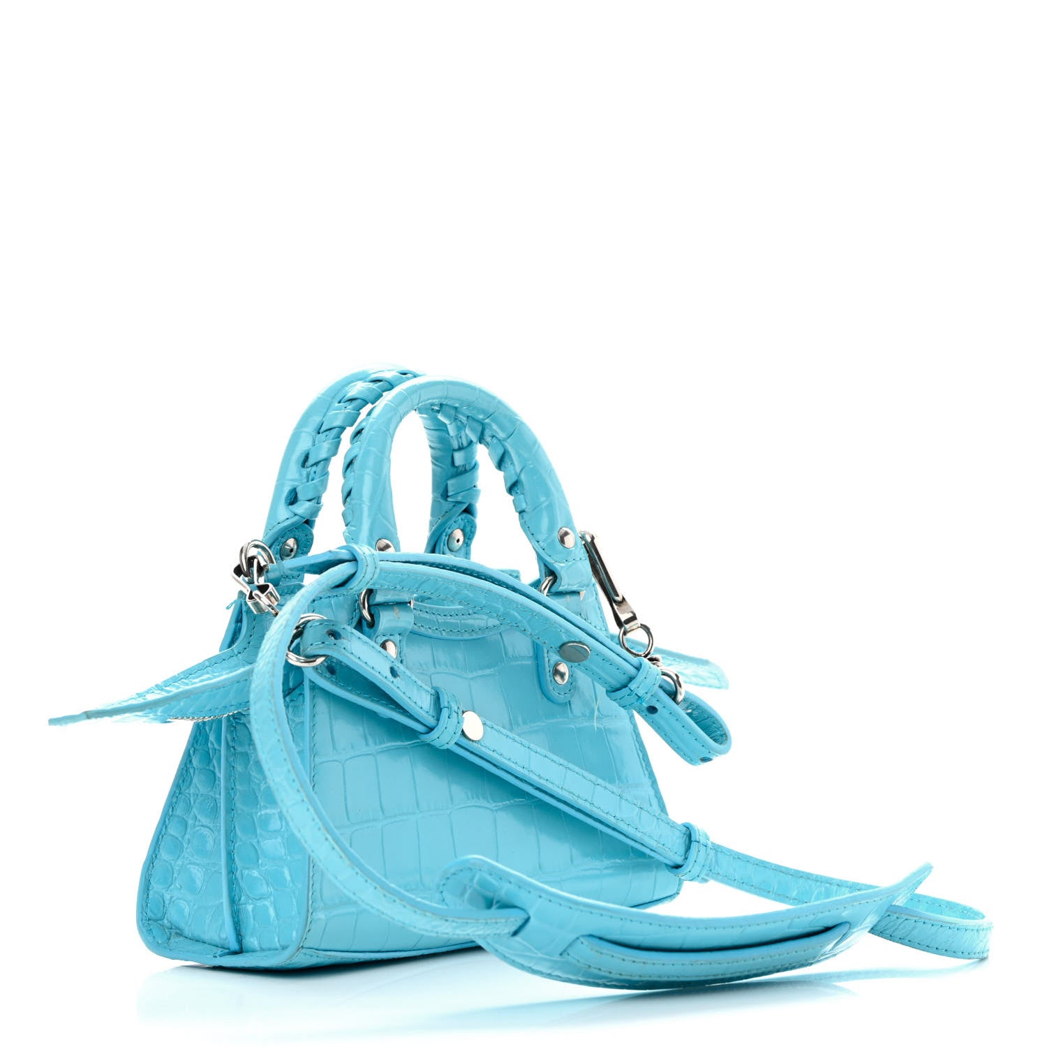 Balenciaga Calfskin Crocodile Embossed Neo Classic Silver Hardware Nano City Crossbody Azur 3 of 15