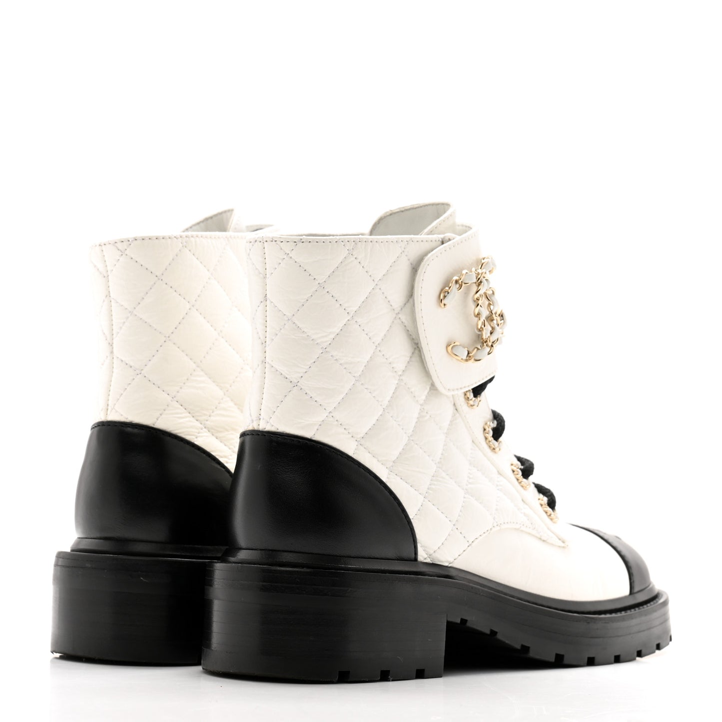 Shiny Goatskin Calfskin Quilted Lace Up Combat Boots 36 White Black