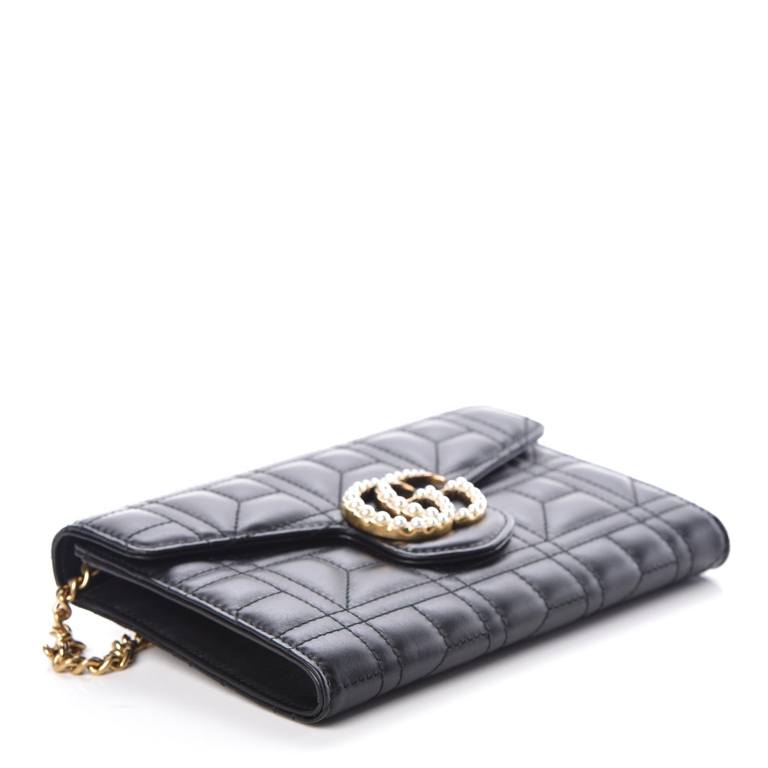 Gucci Calfskin Matelasse Mini Pearly GG Marmont Chain Wallet Black 4 of 7