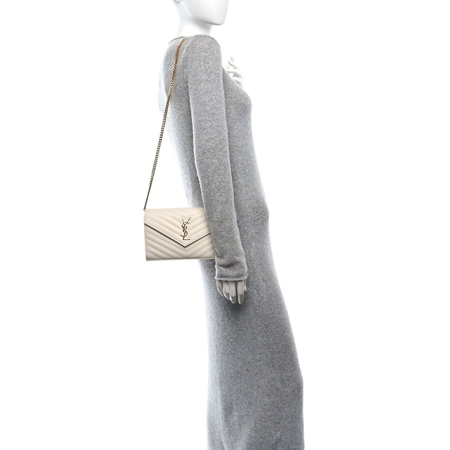 Saint Laurent Grain De Poudre Matelasse Chevron Monogram Chain Wallet Crema Soft 2 of 10