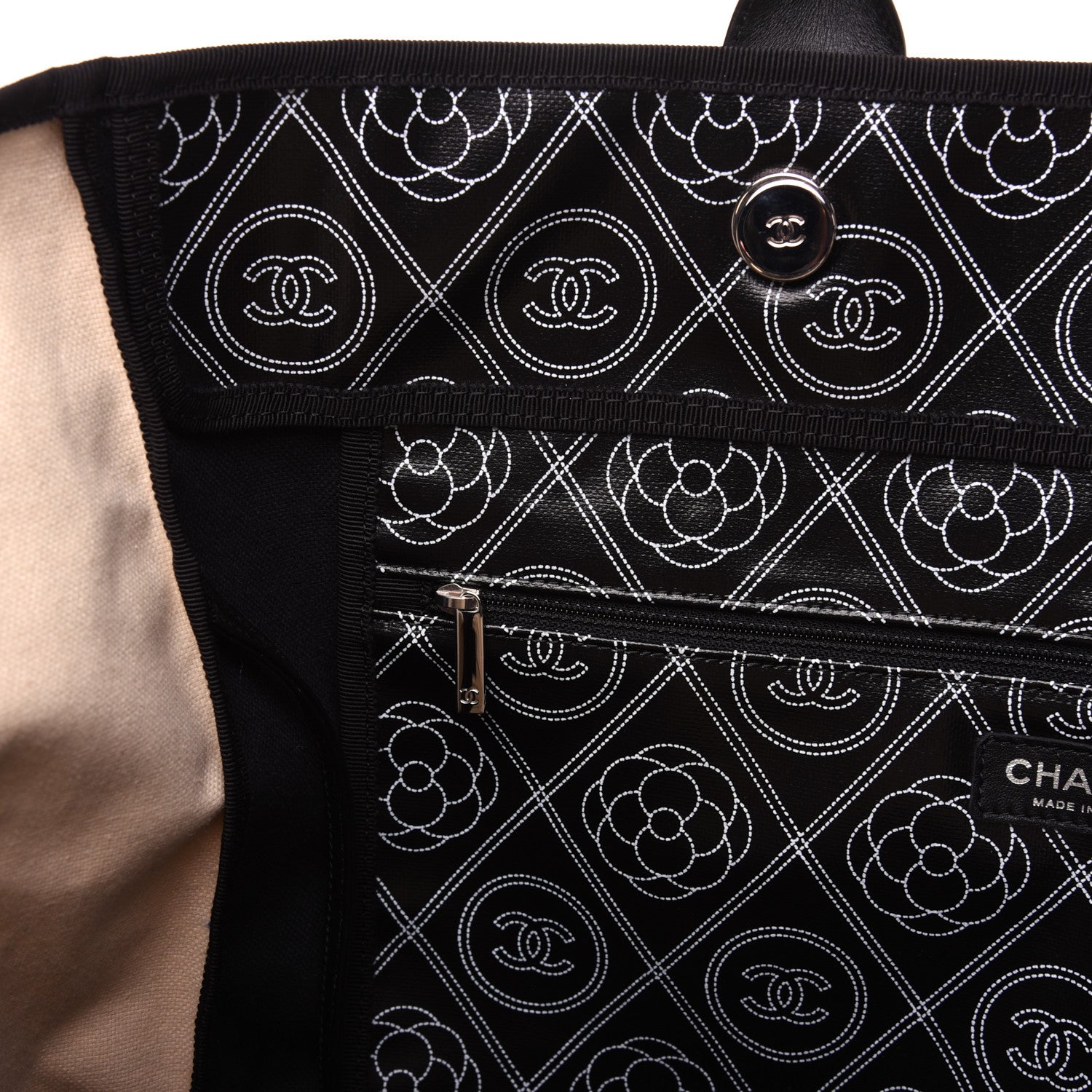 Chanel Coated Canvas Camellia Large Shopping Tote Black Beige 14 of 17