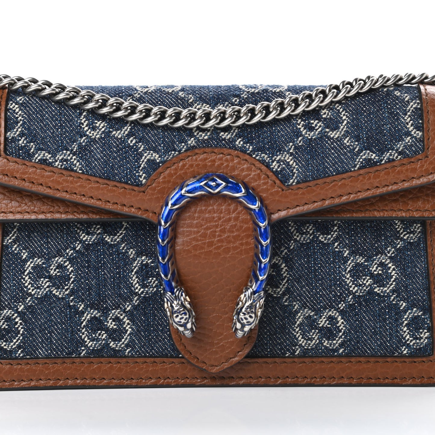 New Denim GG Monogram Dollar Calfskin Enamel Super Mini Dionysus Shoulder Bag Blue Tea Cuir Epilog Electric Blue