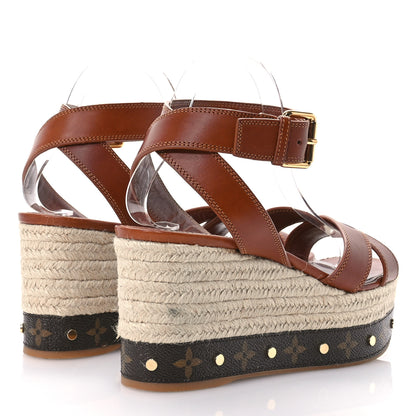 Louis Vuitton Calfskin Studded Espadrille Wedge Sandals 41 Cognac 5 of 10